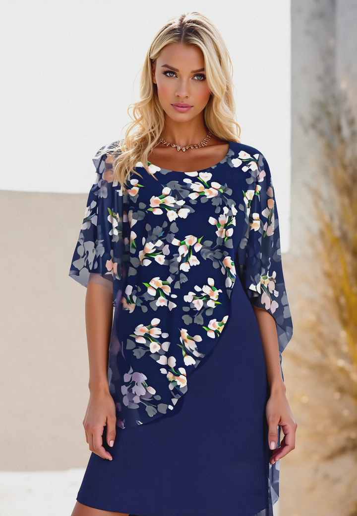 "Elegantes florales Chiffon Damenkleid mit Rundhalsausschnitt, feminines Blumenmuster, zarter Stoff, passt zu jedem Anlass."