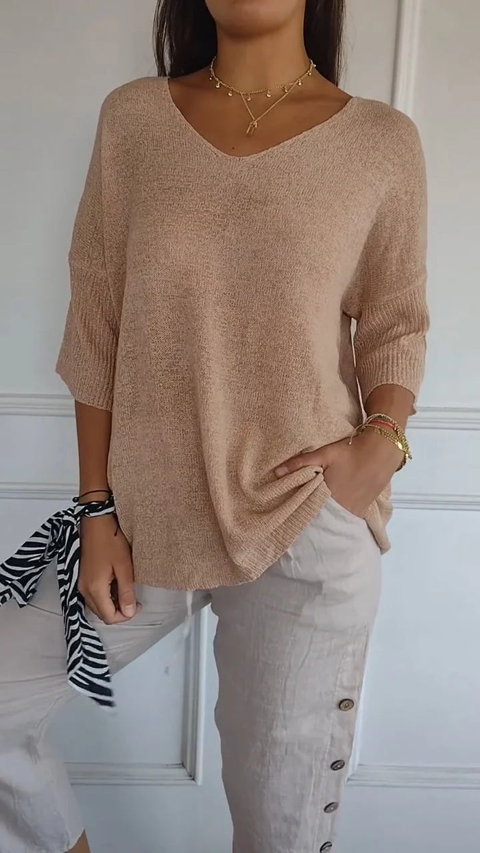 "Elegantes Frauen-Stricktop V-Ausschnitt, weiches Material, vielseitig, ideal für jeden Anlass, Komfort & Stil vereint."