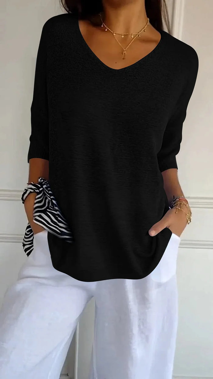"Elegantes Frauen-Stricktop V-Ausschnitt, weiches Material, vielseitig, ideal für jeden Anlass, Komfort & Stil vereint."