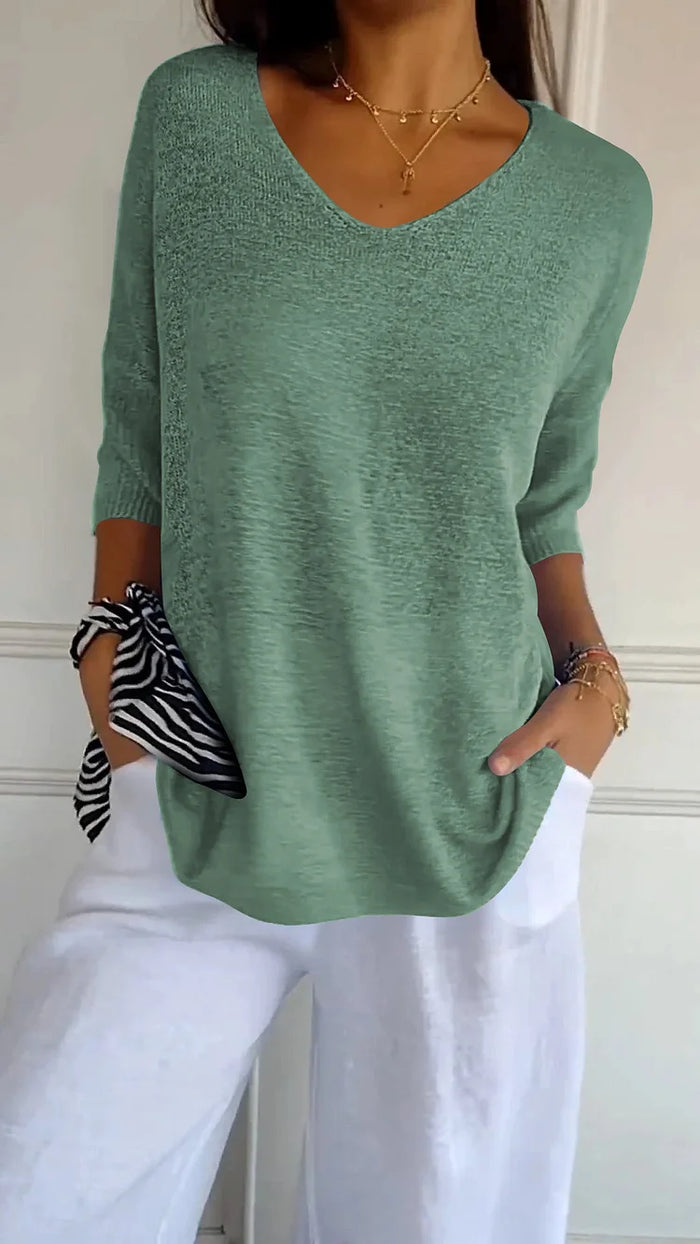 "Elegantes Frauen-Stricktop V-Ausschnitt, weiches Material, vielseitig, ideal für jeden Anlass, Komfort & Stil vereint."