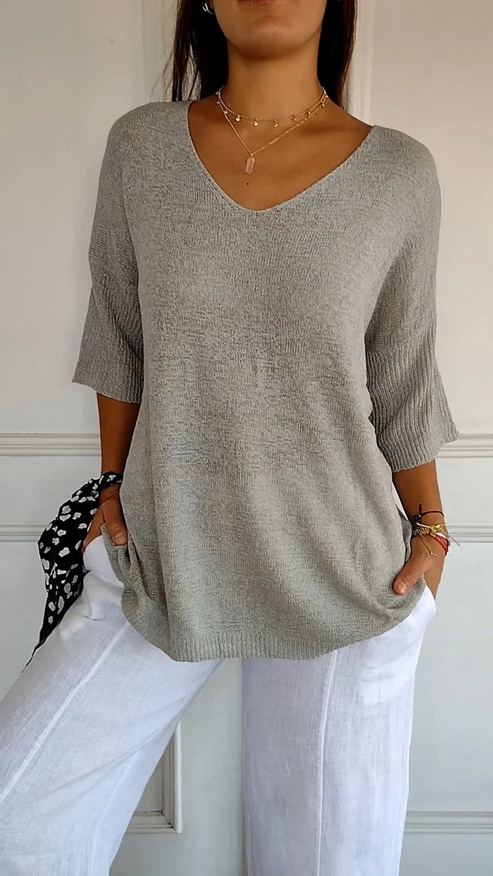 "Elegantes Frauen-Stricktop V-Ausschnitt, weiches Material, vielseitig, ideal für jeden Anlass, Komfort & Stil vereint."