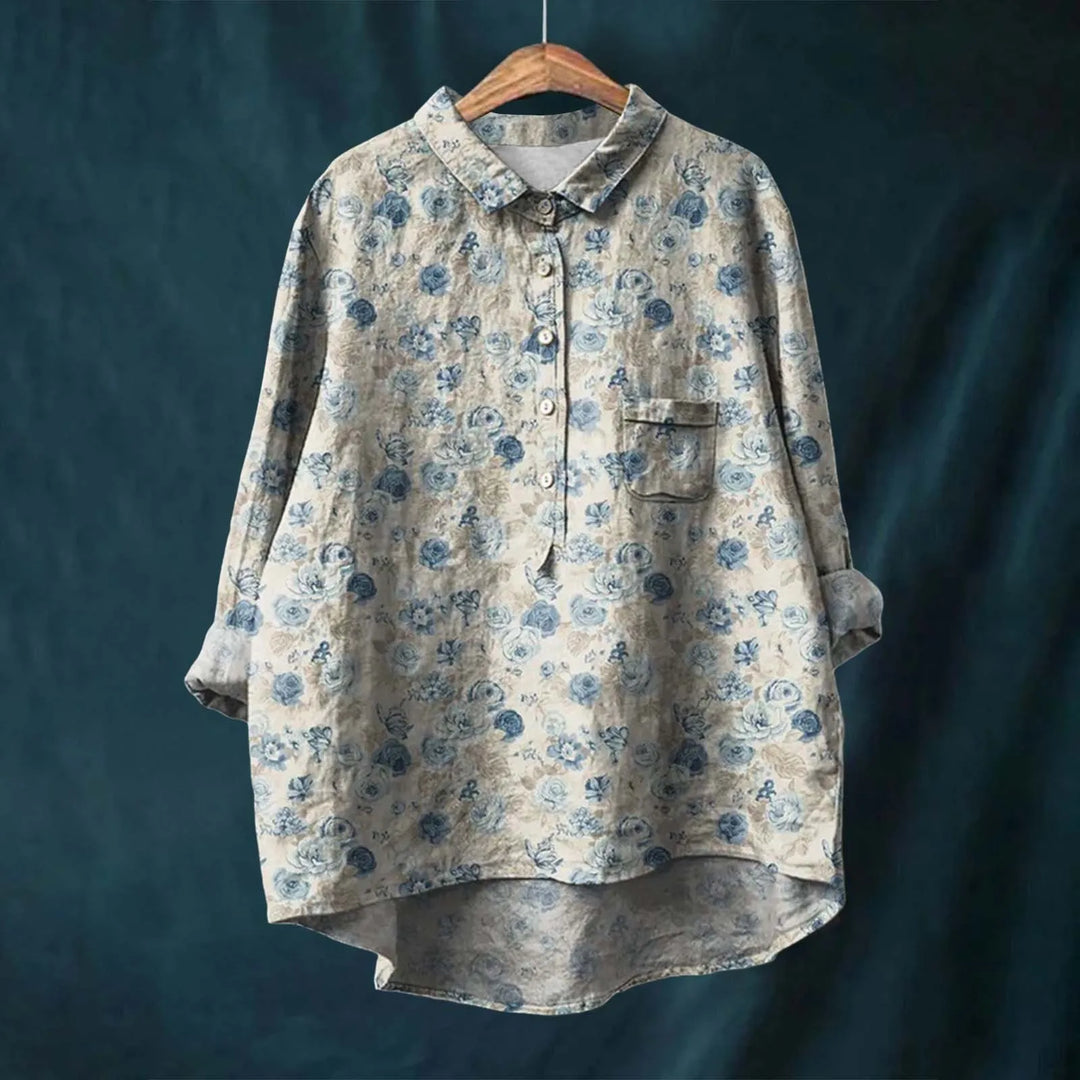 "Elegantes Frauenhemd mit Blumenmuster, 100% Baumwolle, maßgeschneidert, stilvoll, atmungsaktiv, Damenbekleidung."