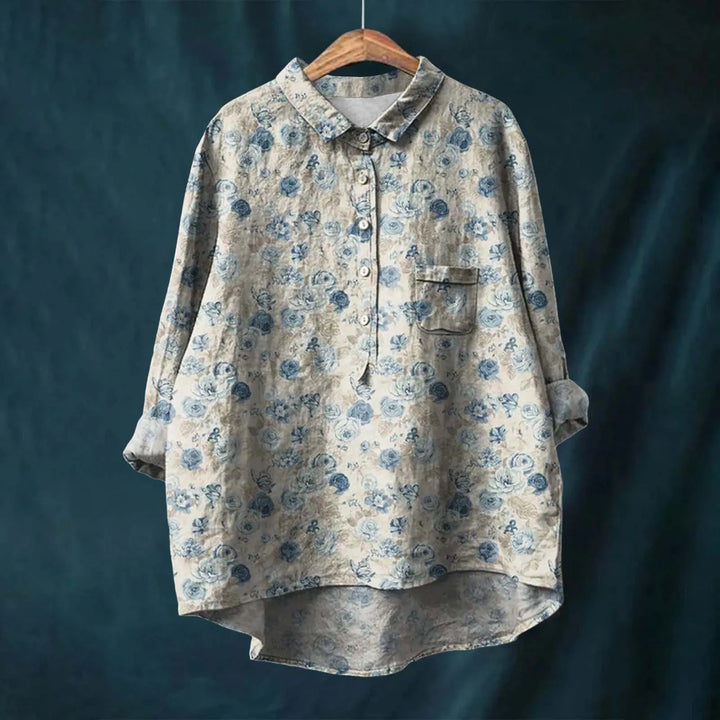 "Elegantes Frauenhemd mit Blumenmuster, 100% Baumwolle, maßgeschneidert, stilvoll, atmungsaktiv, Damenbekleidung."