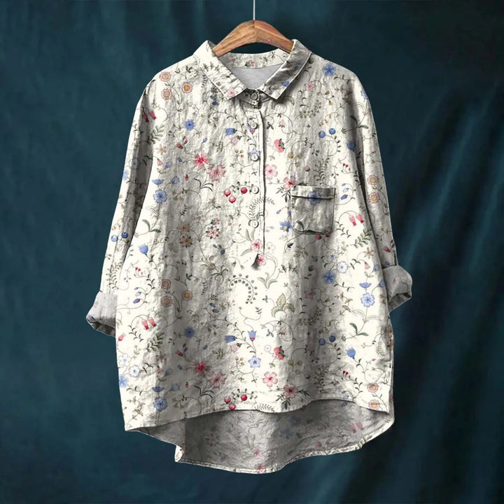 "Elegantes Frauenhemd mit Blumenmuster, 100% Baumwolle, maßgeschneidert, stilvoll, atmungsaktiv, Damenbekleidung."