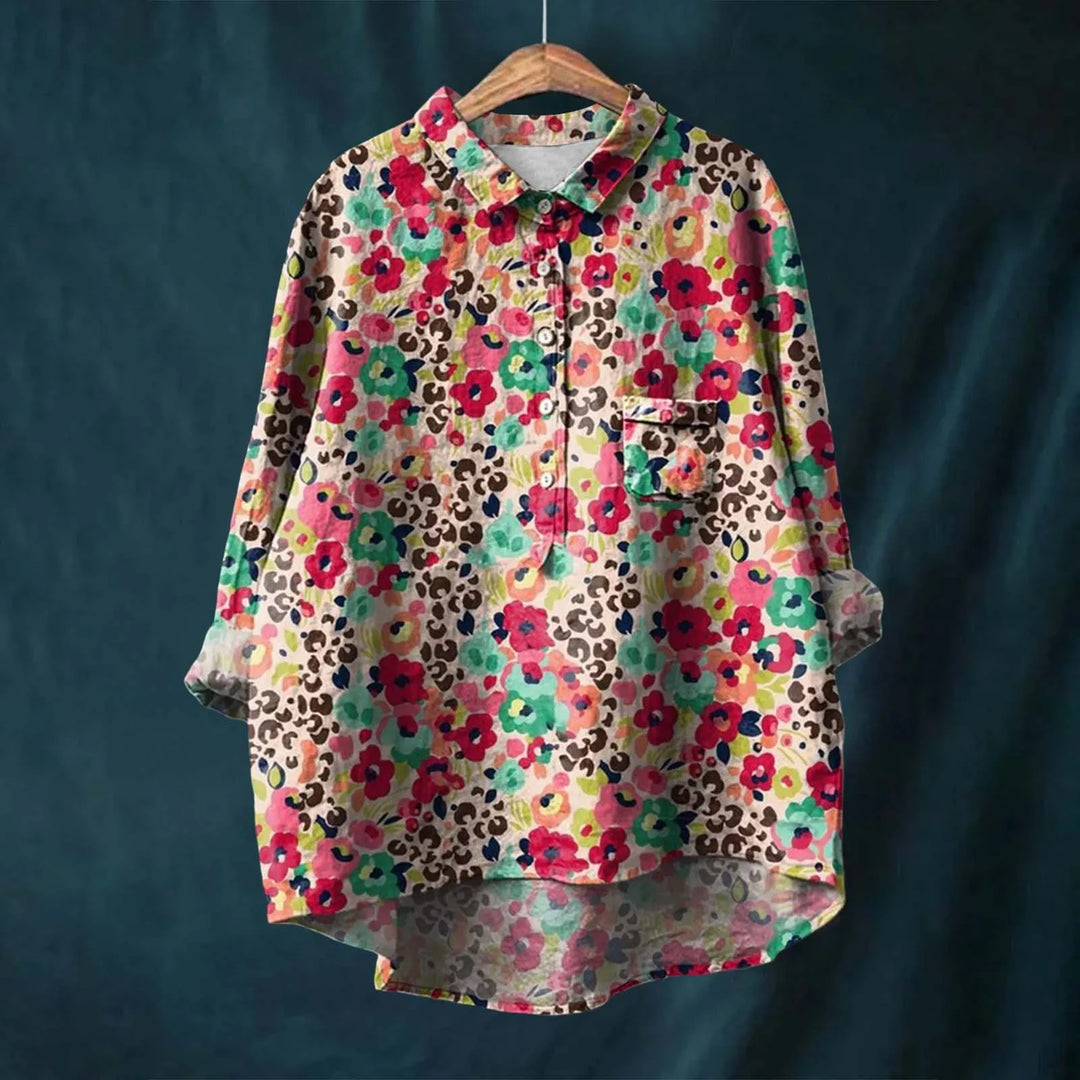 "Elegantes Frauenhemd mit Blumenmuster, 100% Baumwolle, maßgeschneidert, stilvoll, atmungsaktiv, Damenbekleidung."