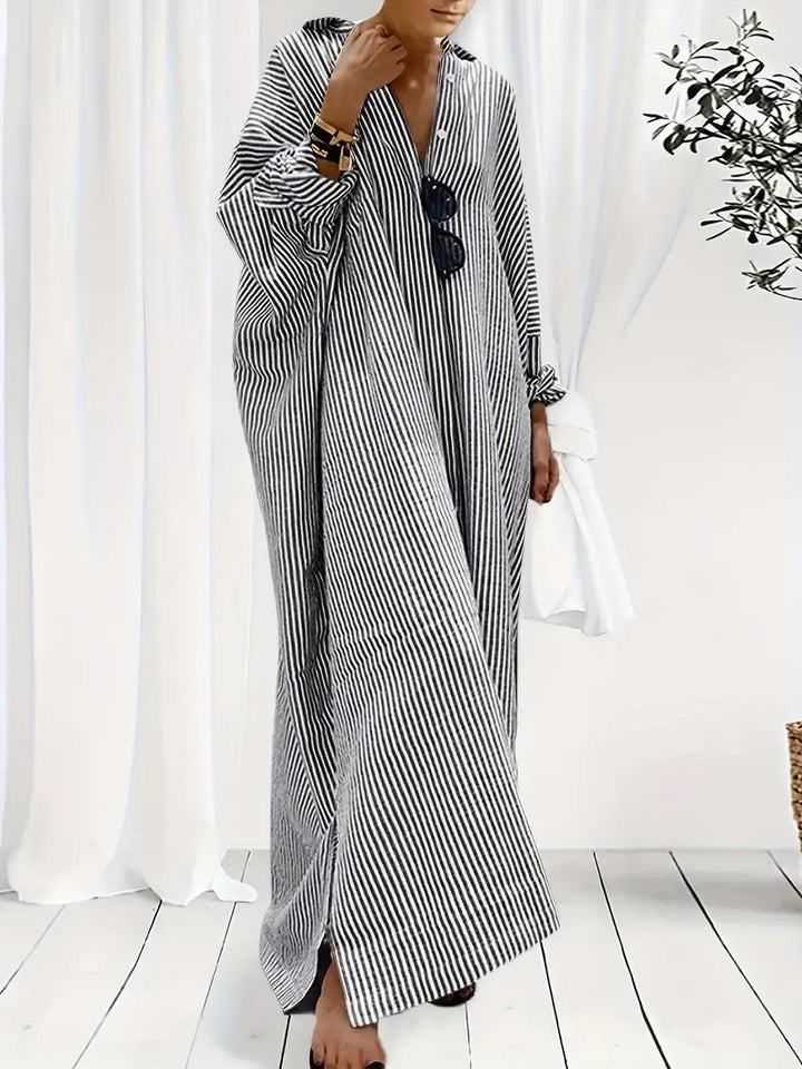 "Elegantes gestreiftes Damen Maxikleid aus Baumwollmischung; lange Ärmel, Umlegekragen, lässig und stilvoll."