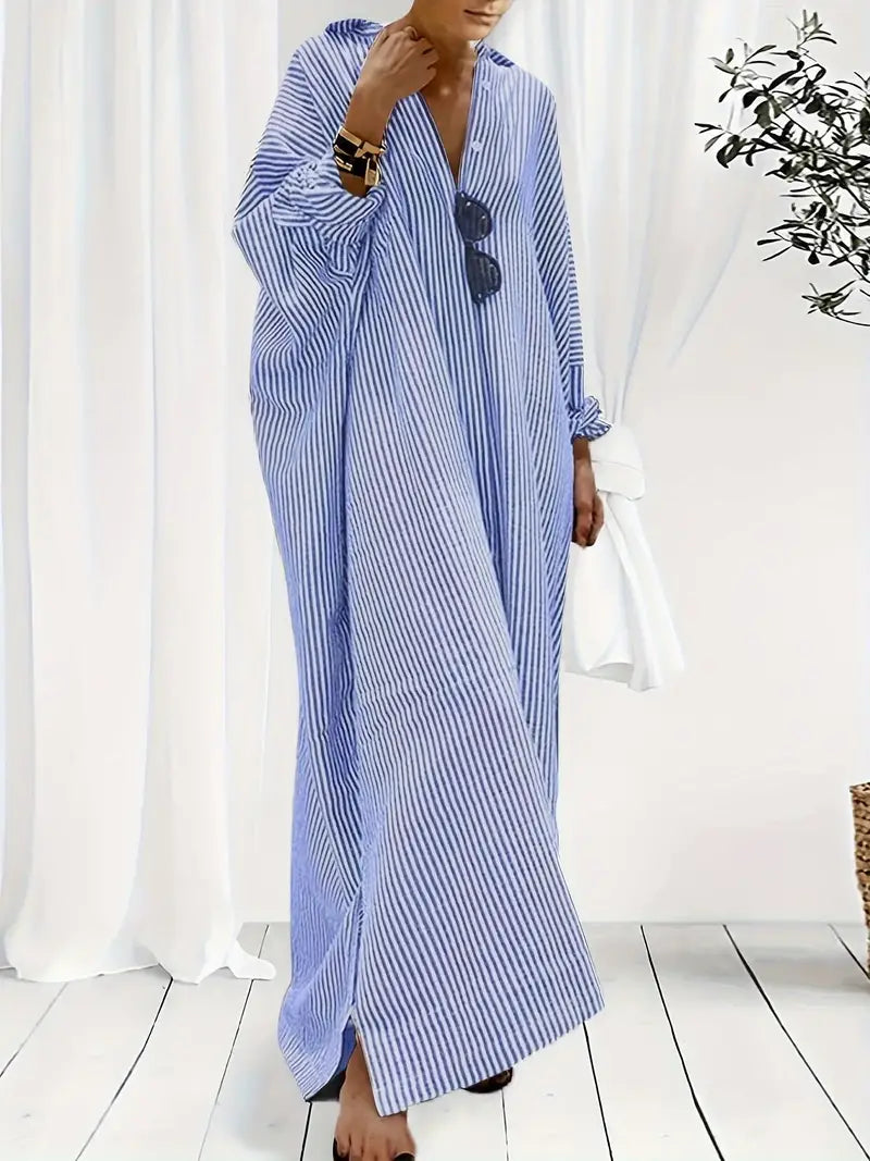 "Elegantes gestreiftes Damen Maxikleid aus Baumwollmischung; lange Ärmel, Umlegekragen, lässig und stilvoll."