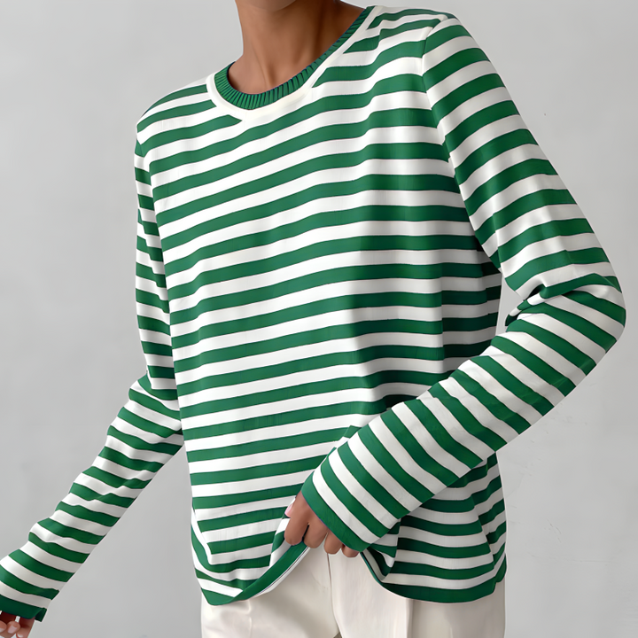"Elegantes gestreiftes Damen-T-Shirt, leicht, Rundhals, zarte Streifen, ideal für Sommer, stilvoller Freizeitlook"
