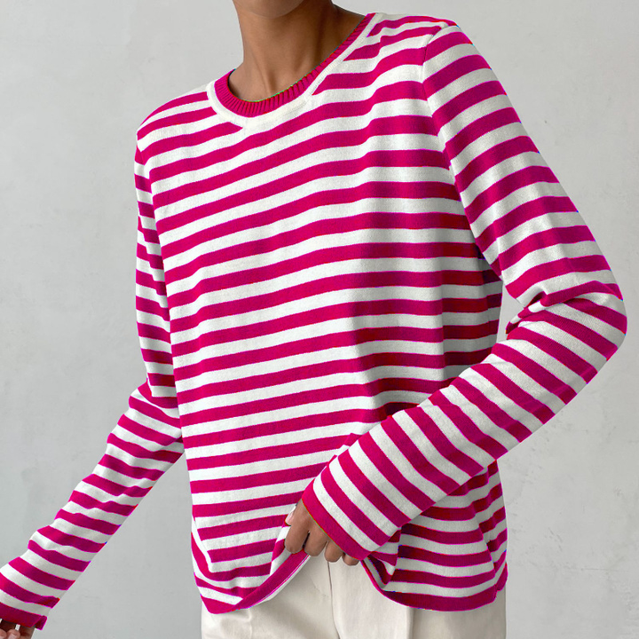 "Elegantes gestreiftes Damen-T-Shirt, leicht, Rundhals, zarte Streifen, ideal für Sommer, stilvoller Freizeitlook"