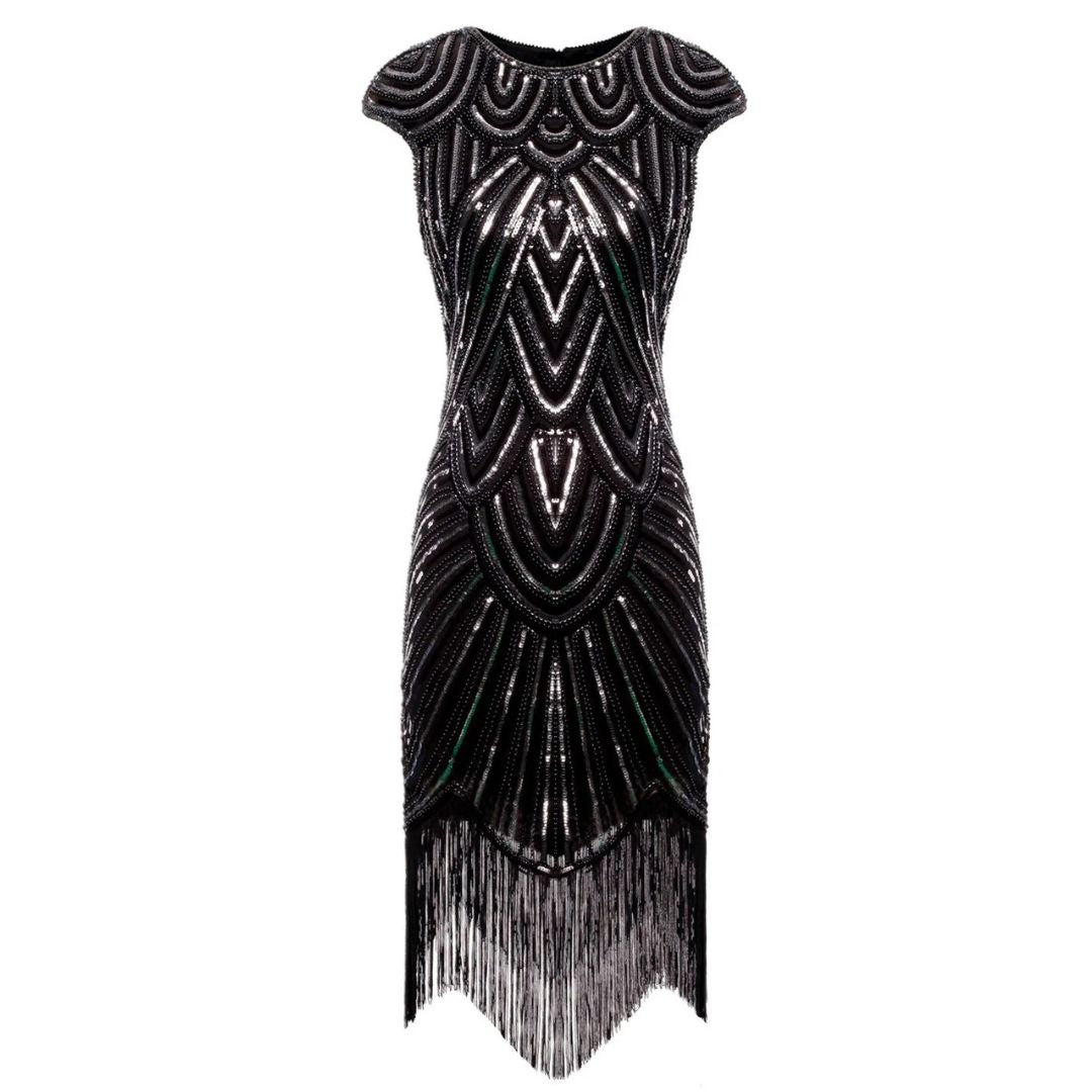 Elegantes Glitzerkleid Gatsby-Style mit funkelnden Pailletten und Fransen, figurbetont, in Burgund, Gold und mehr.