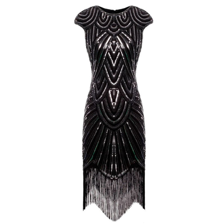 Elegantes Glitzerkleid Gatsby-Style mit funkelnden Pailletten und Fransen, figurbetont, in Burgund, Gold und mehr.