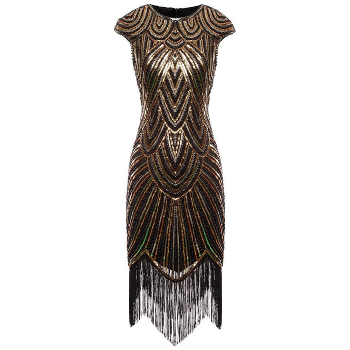 Elegantes Glitzerkleid Gatsby-Style mit funkelnden Pailletten und Fransen, figurbetont, in Burgund, Gold und mehr.