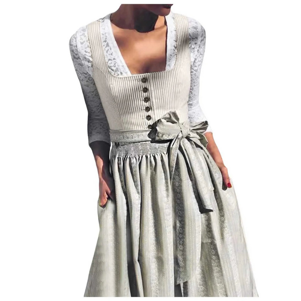 "Elegantes graues Damen-Dirndl mit abnehmbarer Schürze und eckigem Halsausschnitt für Oktoberfest-Events"