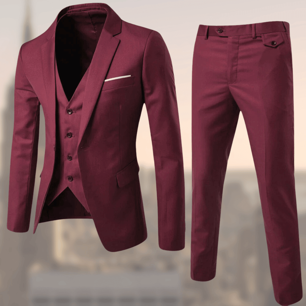 Elegantes Herren Anzug-Set mit Sakko, Weste und Hose, in klassischen Farben wie Schwarz und Marineblau. Ideal für Anlässe.