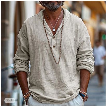 Elegantes Herren Leinenhemd: Atmungsaktiv, zeitloses Design, luftdurchlässig, hoher Tragekomfort, knitterarm, beige.