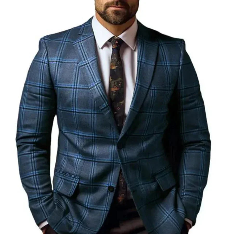 Elegantes Herren Sakko mit markantem Karomuster, winddicht und komfortabel, ideal für stilvolle, moderne Auftritte.