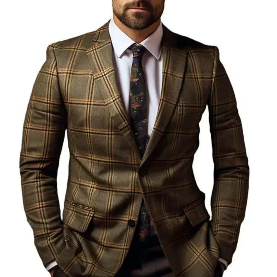 Elegantes Herren Sakko mit markantem Karomuster, winddicht und komfortabel, ideal für stilvolle, moderne Auftritte.