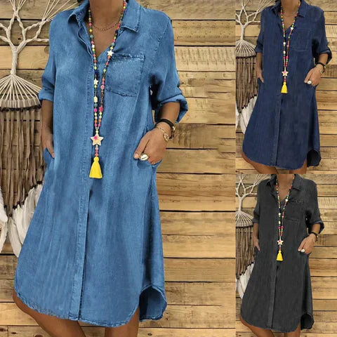 "Elegantes Jeans Midi-Kleid Damen mit umgeschlagenen Ärmeln und Brusttasche, schmeichelhafte Passform, vielseitiges Design"