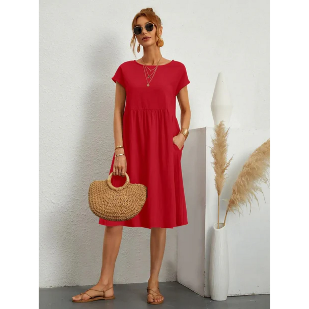 "Elegantes kurzärmeliges Sommerkleid in Midi-Länge für Damen, betont die Silhouette, ideal für formelle Anlässe und Freizeit.