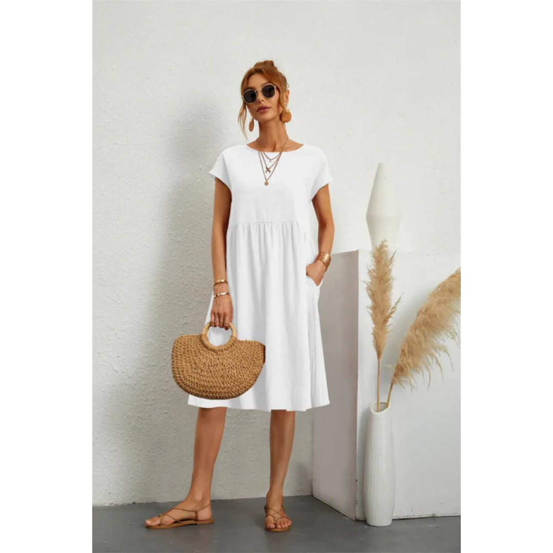"Elegantes kurzärmeliges Sommerkleid in Midi-Länge für Damen, betont die Silhouette, ideal für formelle Anlässe und Freizeit.