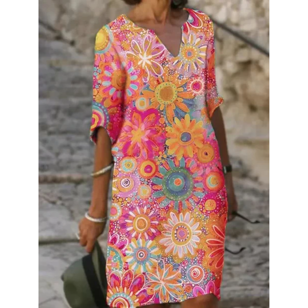 Elegantes Midi-Sommerkleid mit lebhaftem Blumenmuster, V-Ausschnitt, ideal für Damenmode in der warmen Jahreszeit.