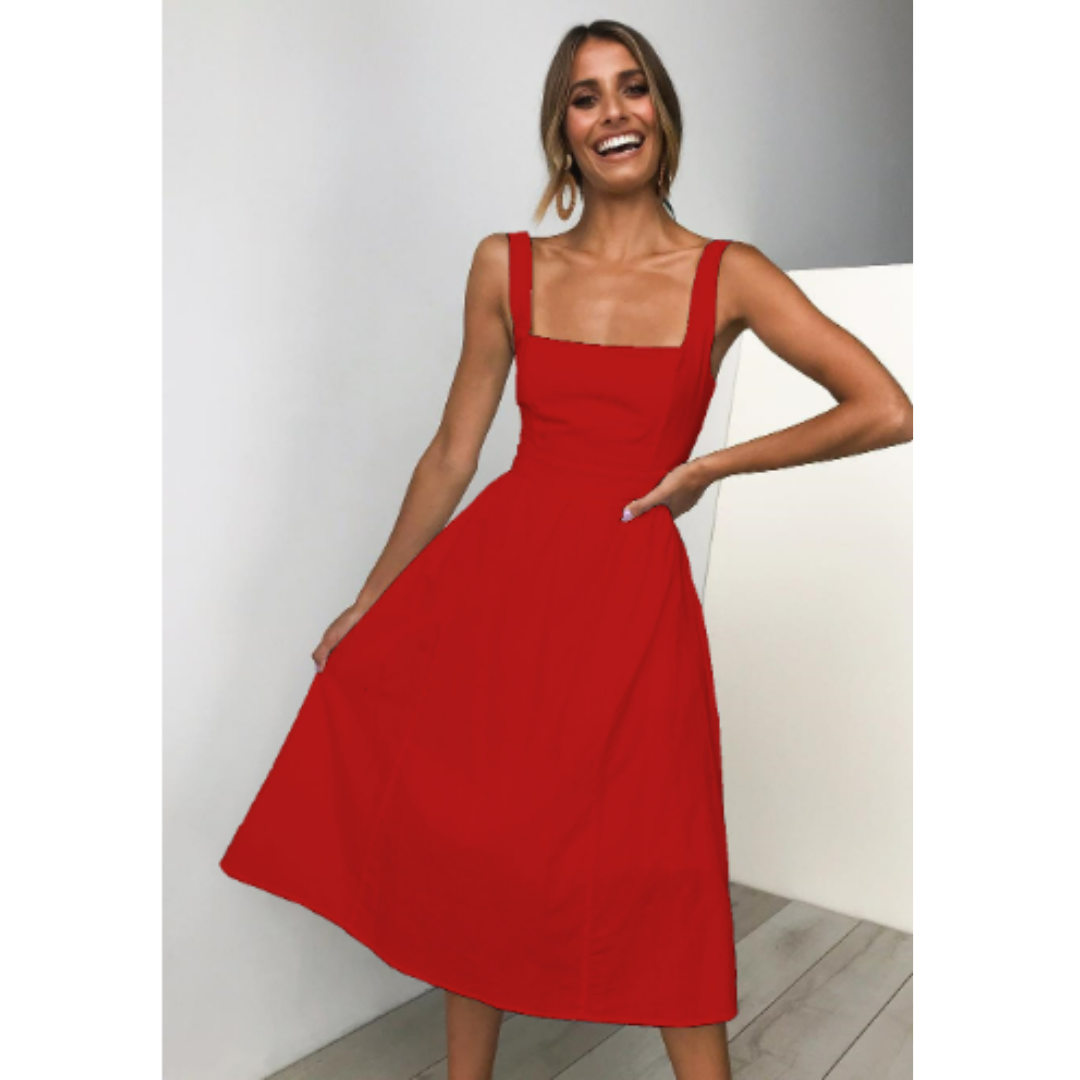 Elegantes Midikleid aus Seide für Damen, mit Taschen und schlichtem Design, ideal für Sommeranlässe und warme Tage.