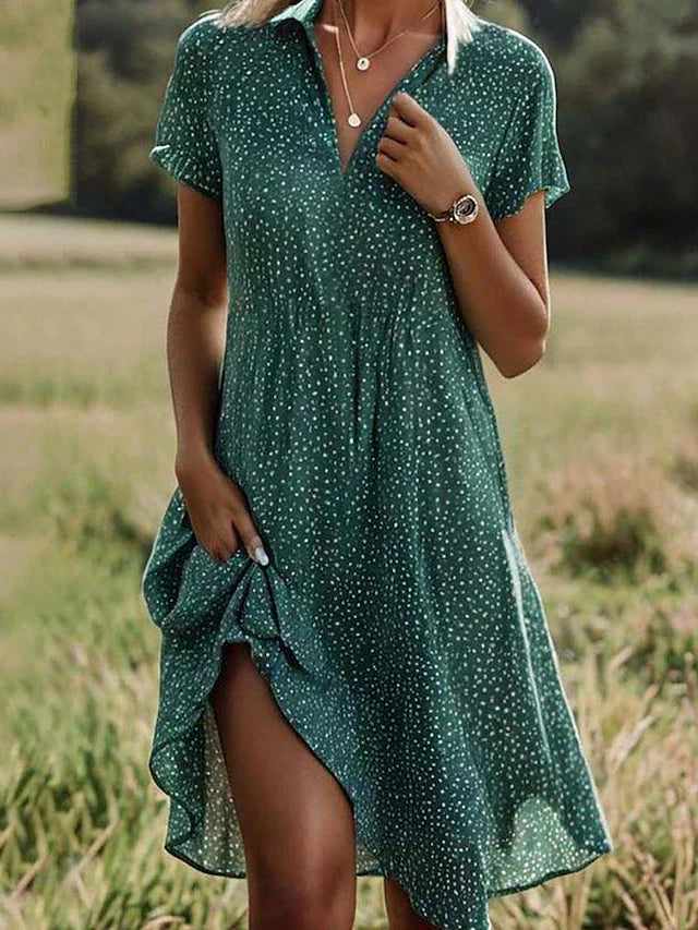 "Elegantes Midikleid Damen, kurzärmelig, Hemdblusenstil, mittellang, luftige Silhouette, zeitlos, für jeden Anlass"