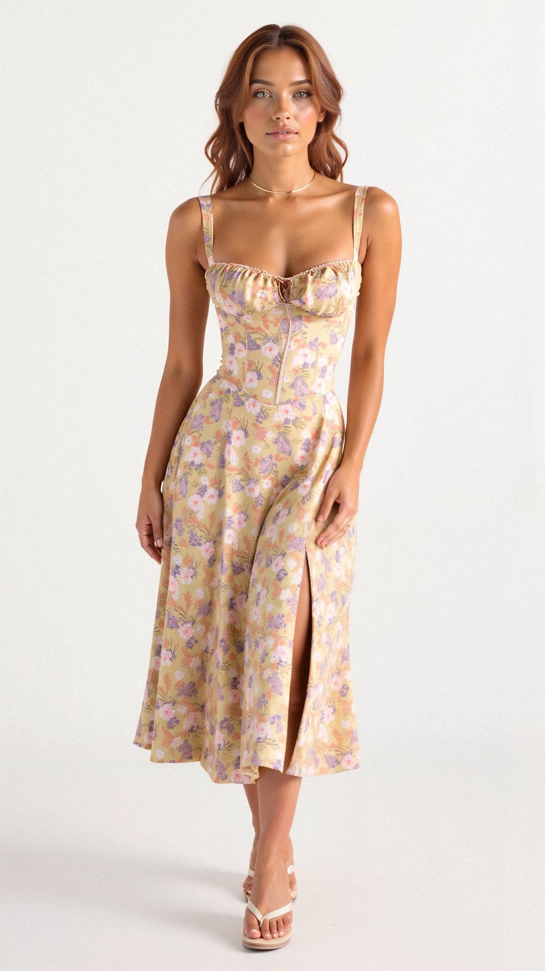 "Elegantes Midikleid mit Korsett-Stil, figurbetontes Oberteil, fließender Rock, ideal für feminine Silhouette."