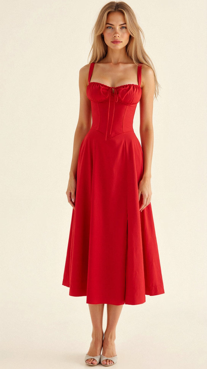 "Elegantes Midikleid mit Korsett-Stil, figurbetontes Oberteil, fließender Rock, ideal für feminine Silhouette."