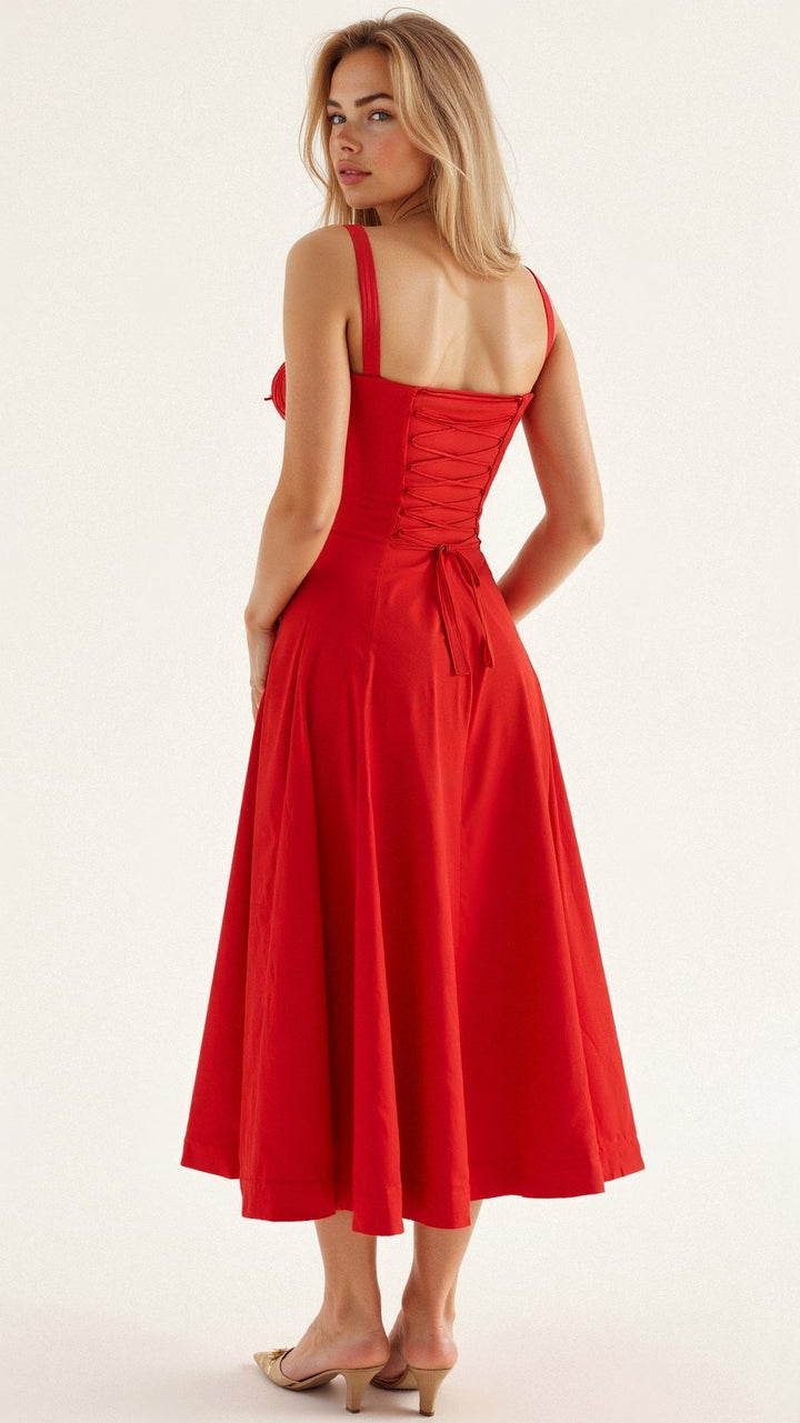 "Elegantes Midikleid mit Korsett-Stil, figurbetontes Oberteil, fließender Rock, ideal für feminine Silhouette."