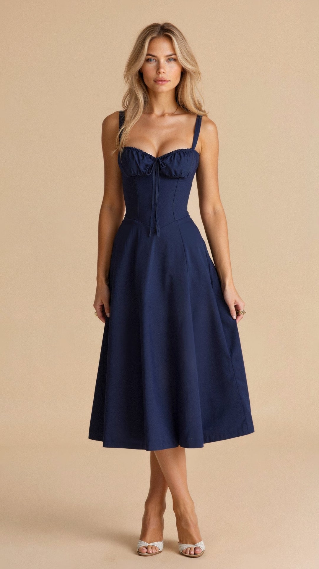 "Elegantes Midikleid mit Korsett-Stil, figurbetontes Oberteil, fließender Rock, ideal für feminine Silhouette."
