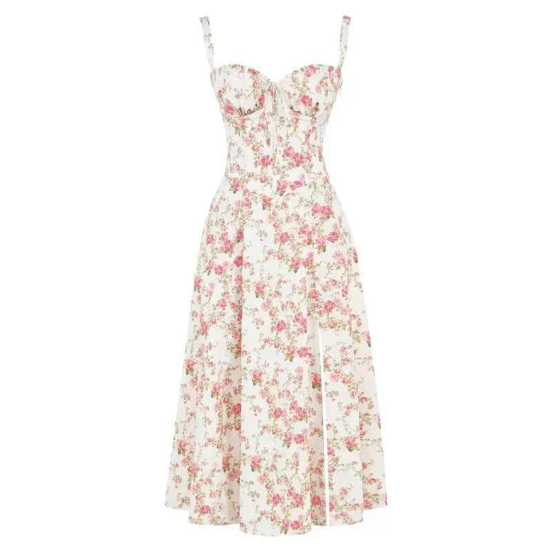 "Elegantes Midikleid mit Korsett-Stil, figurbetontes Oberteil, fließender Rock, ideal für feminine Silhouette."