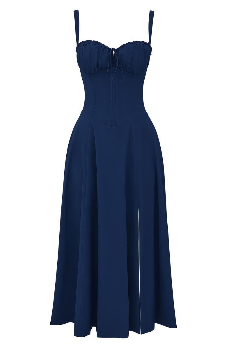 "Elegantes Midikleid mit Korsett-Stil, figurbetontes Oberteil, fließender Rock, ideal für feminine Silhouette."
