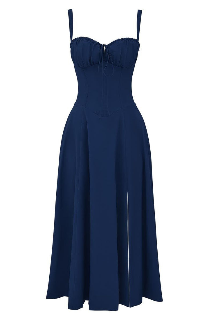 "Elegantes Midikleid mit Korsett-Stil, figurbetontes Oberteil, fließender Rock, ideal für feminine Silhouette."