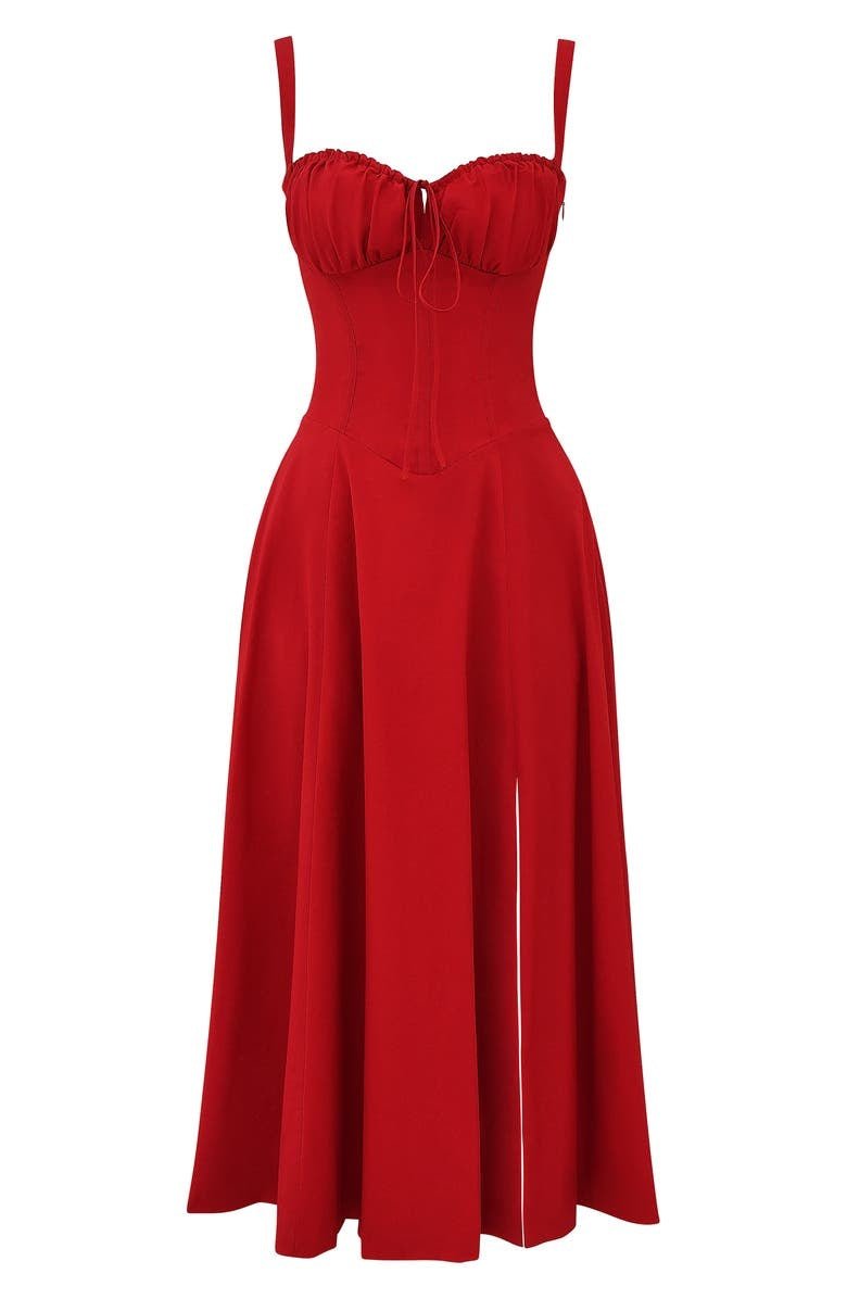 "Elegantes Midikleid mit Korsett-Stil, figurbetontes Oberteil, fließender Rock, ideal für feminine Silhouette."