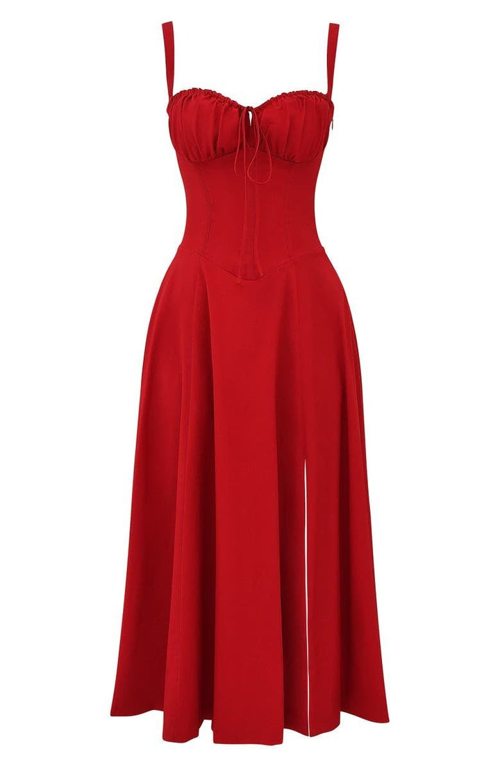 "Elegantes Midikleid mit Korsett-Stil, figurbetontes Oberteil, fließender Rock, ideal für feminine Silhouette."
