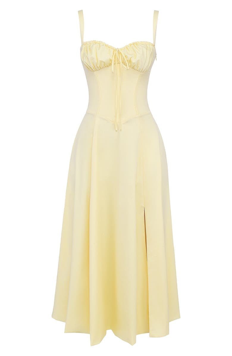 "Elegantes Midikleid mit Korsett-Stil, figurbetontes Oberteil, fließender Rock, ideal für feminine Silhouette."