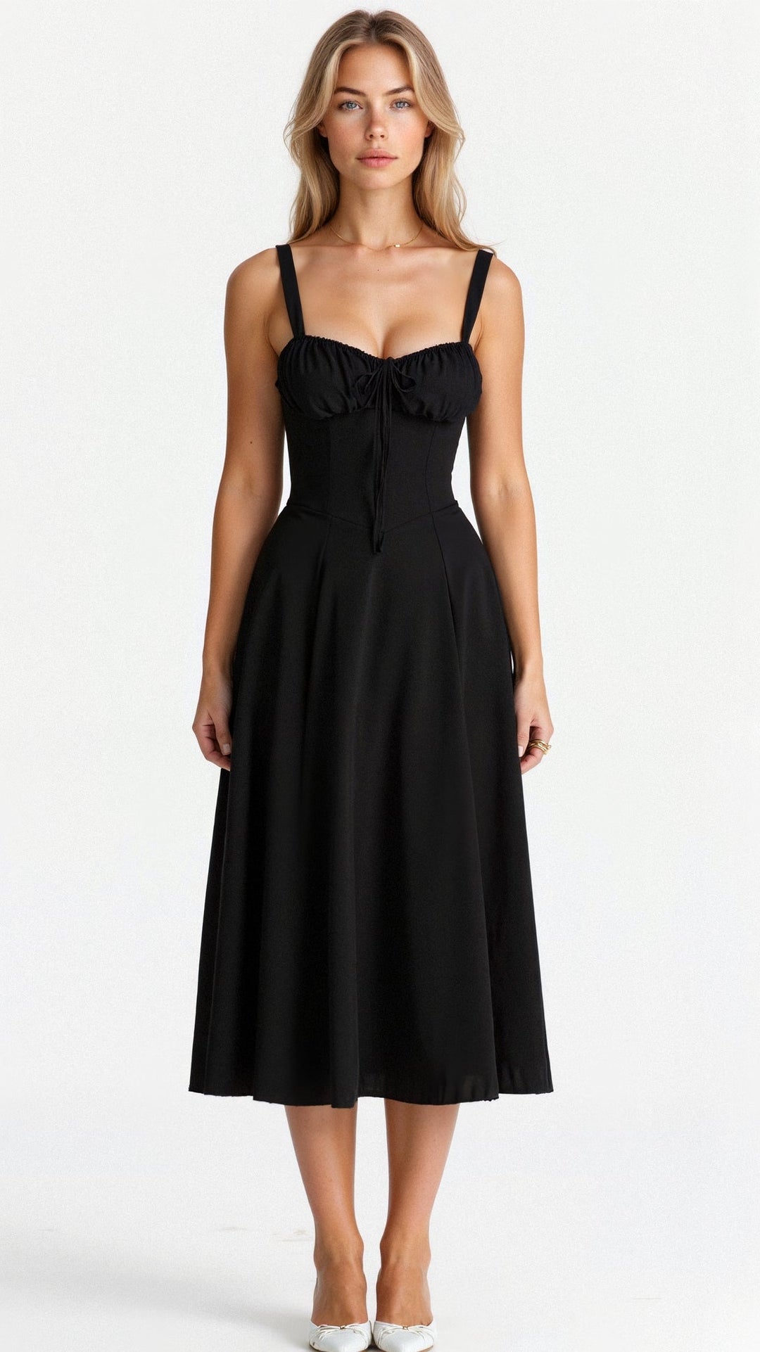 "Elegantes Midikleid mit Korsett-Stil, figurbetontes Oberteil, fließender Rock, ideal für feminine Silhouette."