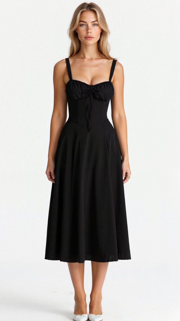 "Elegantes Midikleid mit Korsett-Stil, figurbetontes Oberteil, fließender Rock, ideal für feminine Silhouette."