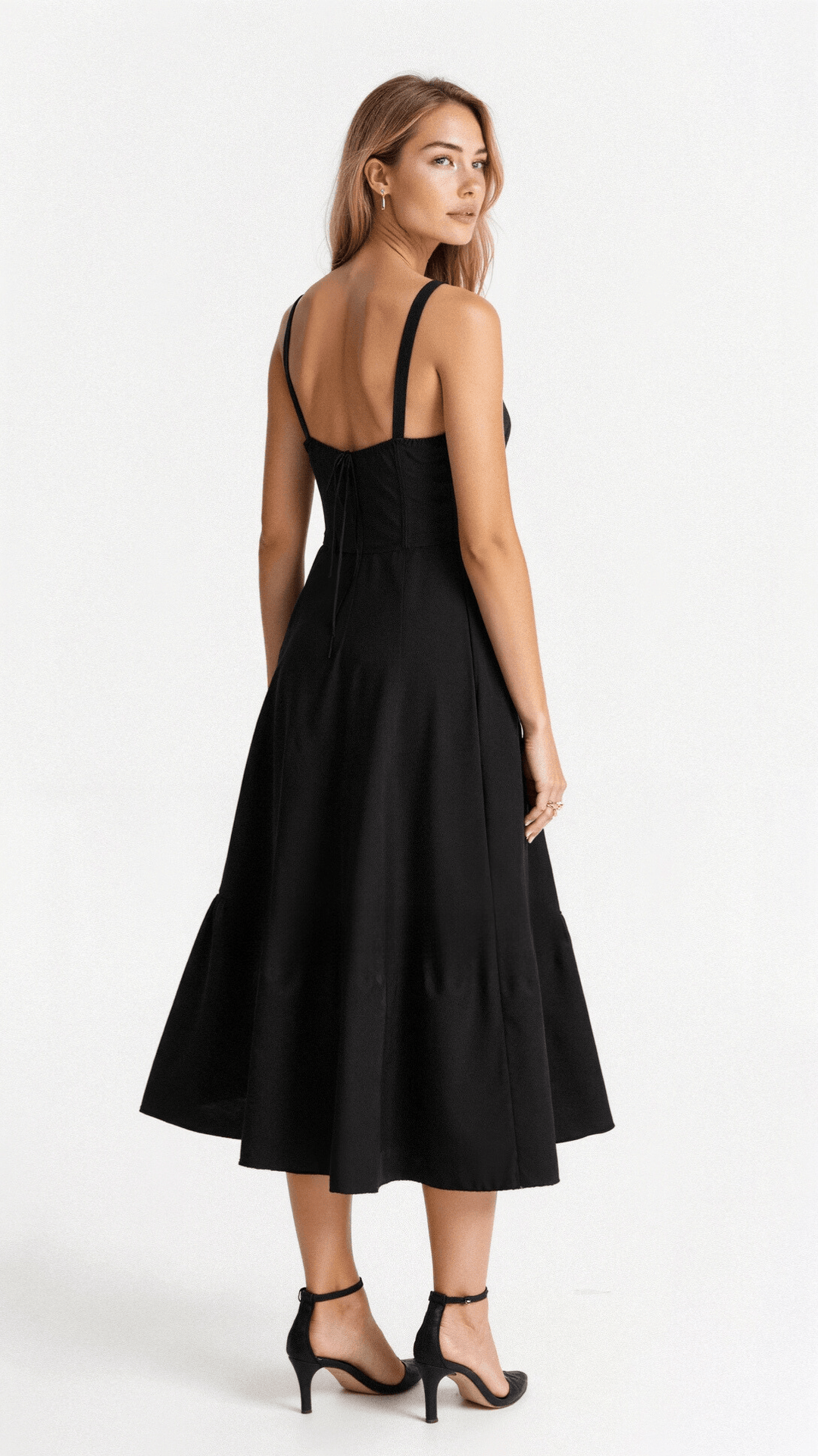 "Elegantes Midikleid mit Korsett-Stil, figurbetontes Oberteil, fließender Rock, ideal für feminine Silhouette."