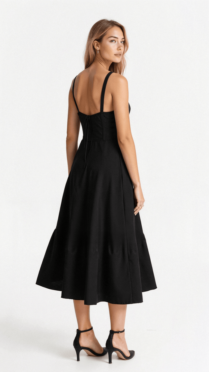 "Elegantes Midikleid mit Korsett-Stil, figurbetontes Oberteil, fließender Rock, ideal für feminine Silhouette."
