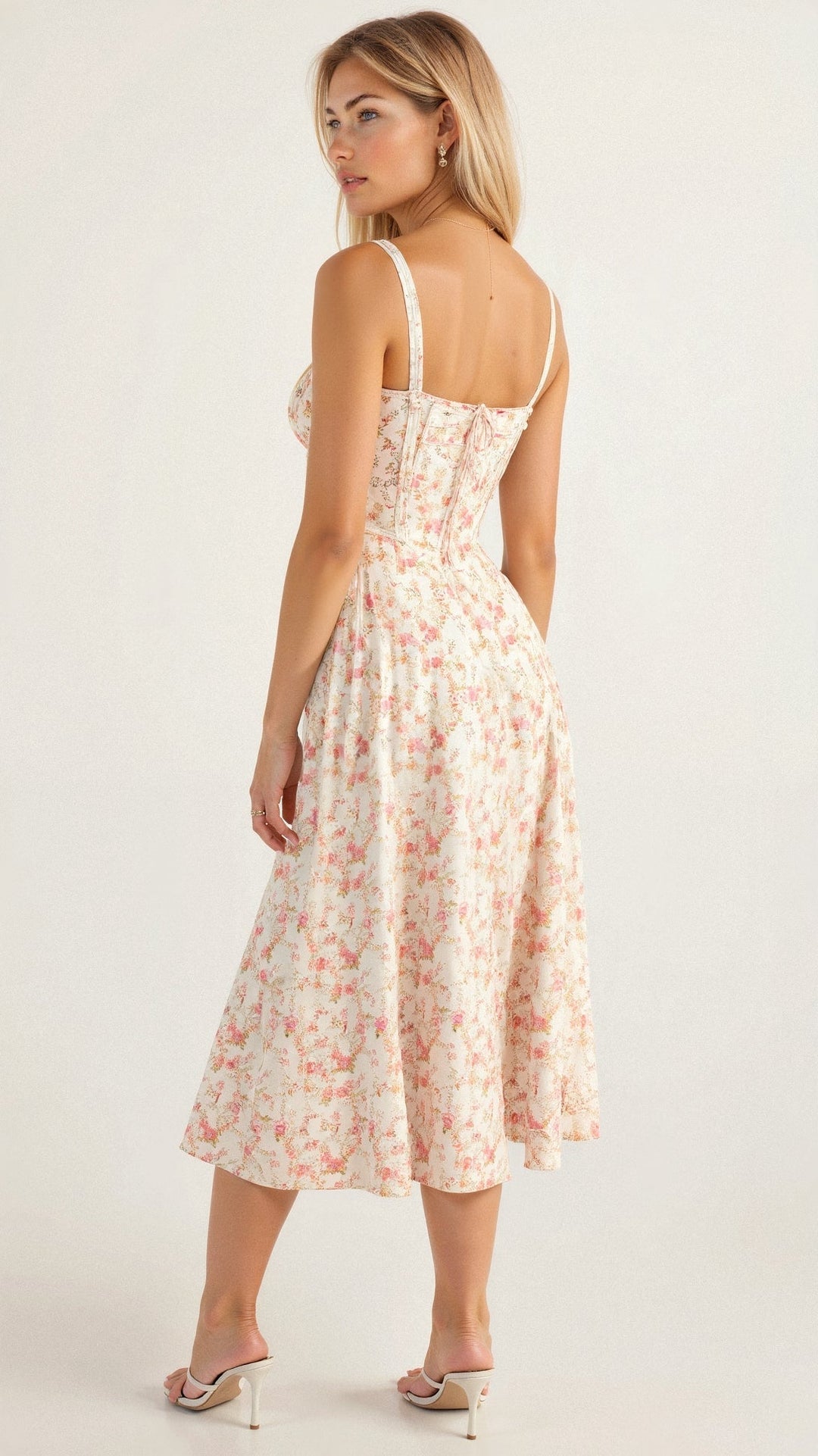"Elegantes Midikleid mit Korsett-Stil, figurbetontes Oberteil, fließender Rock, ideal für feminine Silhouette."
