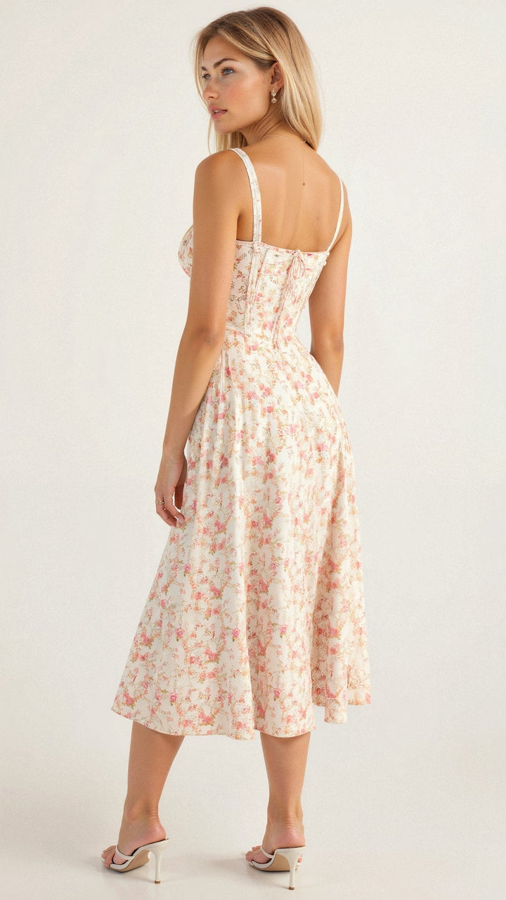 "Elegantes Midikleid mit Korsett-Stil, figurbetontes Oberteil, fließender Rock, ideal für feminine Silhouette."