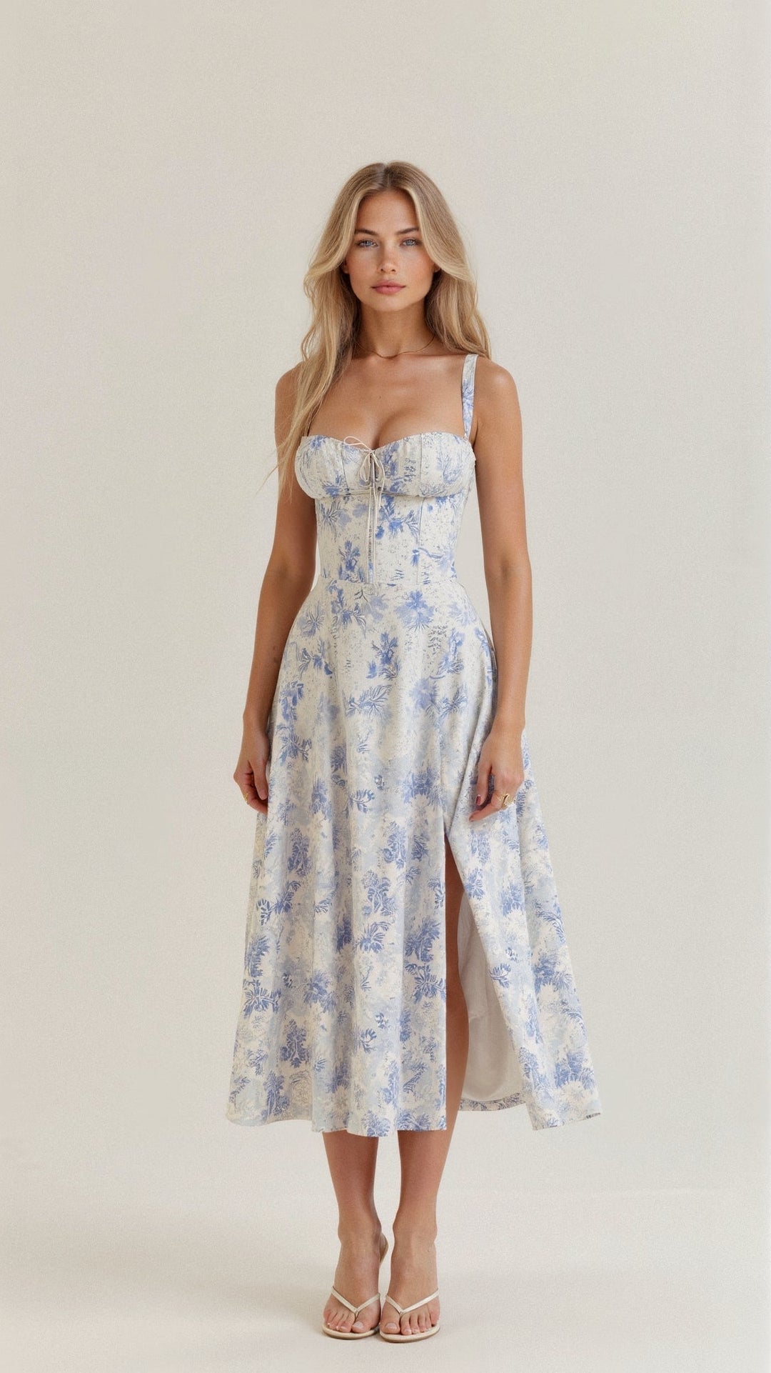 "Elegantes Midikleid mit Korsett-Stil, figurbetontes Oberteil, fließender Rock, ideal für feminine Silhouette."