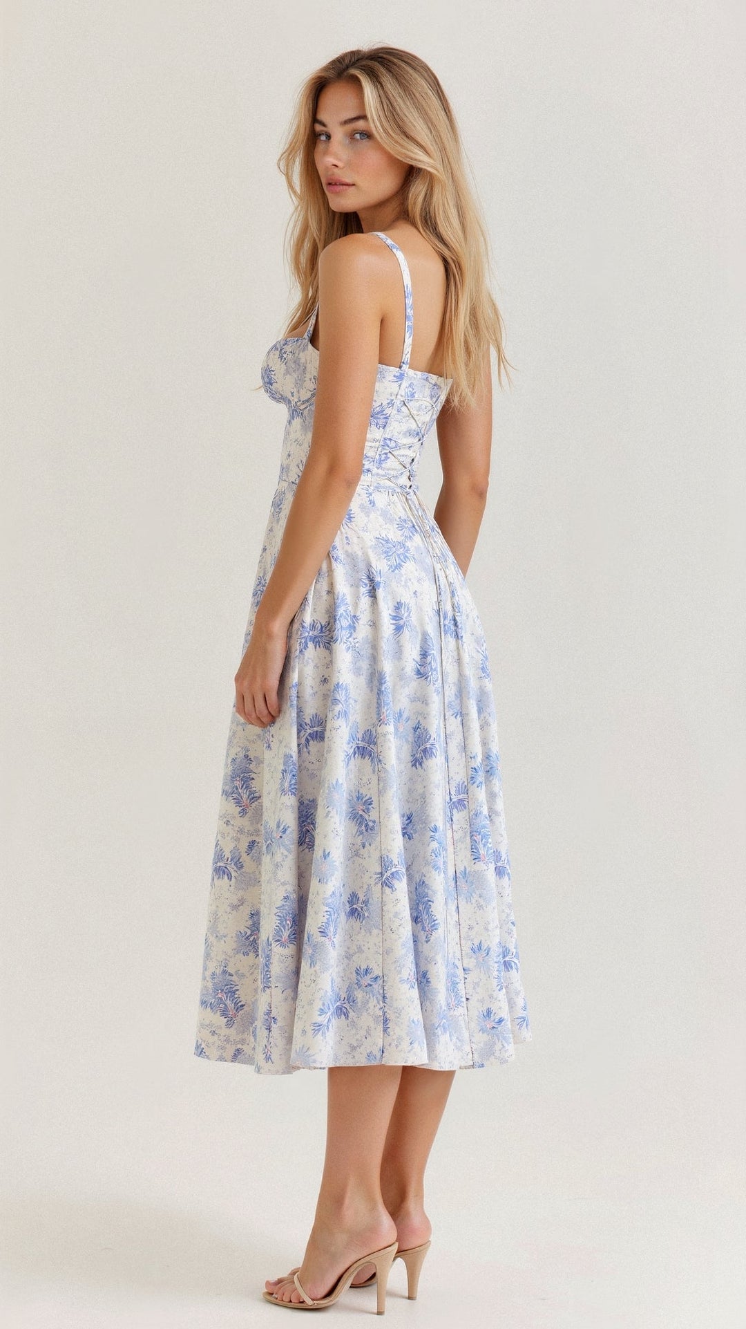 "Elegantes Midikleid mit Korsett-Stil, figurbetontes Oberteil, fließender Rock, ideal für feminine Silhouette."