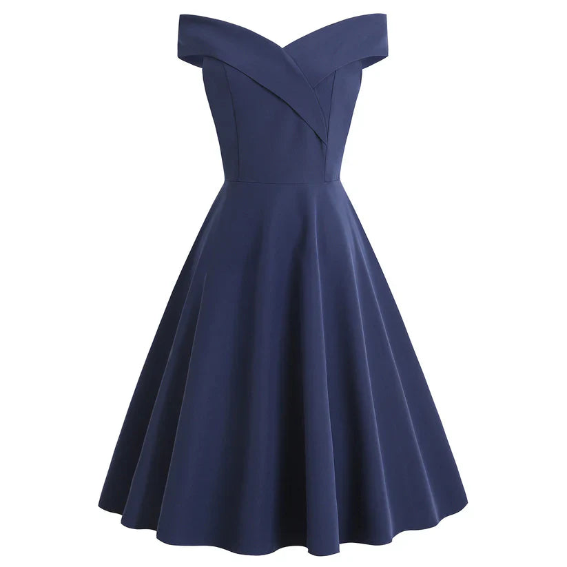 Elegantes schulterfreies Midi-Kleid für Damen mit figurbetonter Passform, ideal für Abendveranstaltungen.
