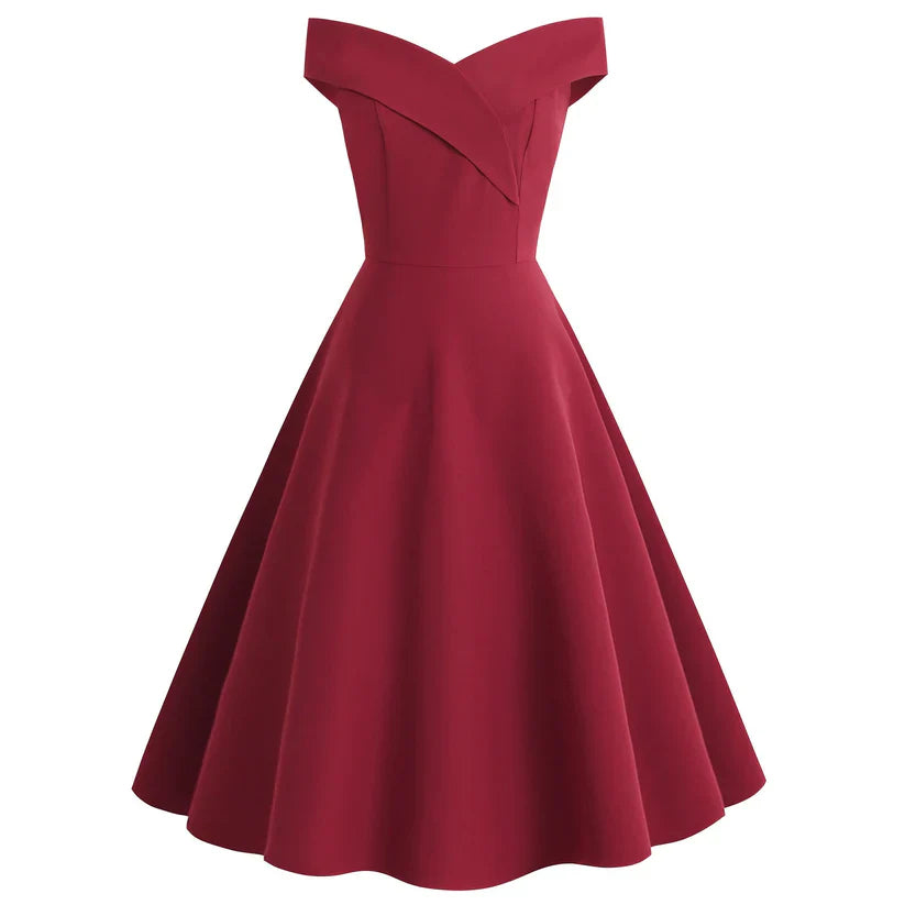Elegantes schulterfreies Midi-Kleid für Damen mit figurbetonter Passform, ideal für Abendveranstaltungen.