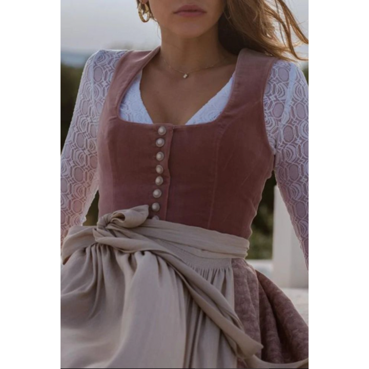 Elegantes Trachtenkleid für Damen, Midi-Länge, mit langen Spitzenärmeln, ideal für traditionelle Anlässe.