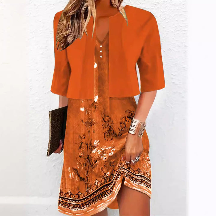 Elegantes zweiteiliges Midi-Kleid für Damen mit V-Ausschnitt, floralem Muster und A-Linie, asiatisch inspiriert.