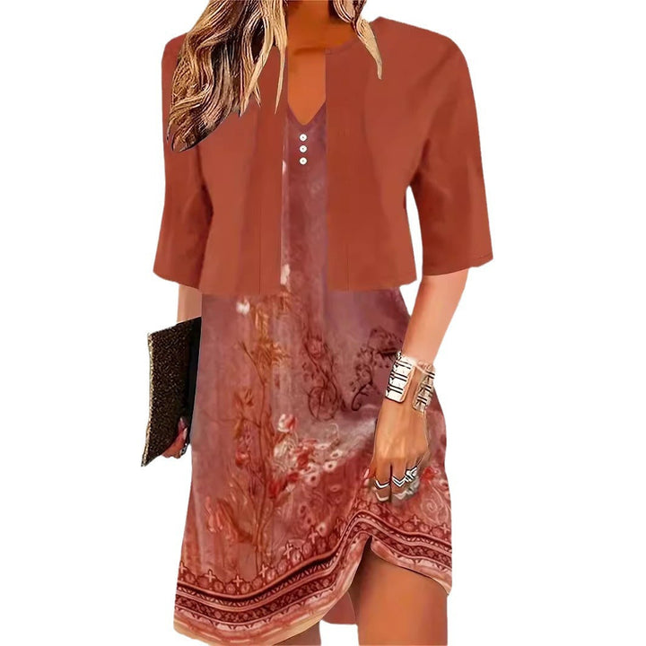 Elegantes zweiteiliges Midi-Kleid für Damen mit V-Ausschnitt, floralem Muster und A-Linie, asiatisch inspiriert.